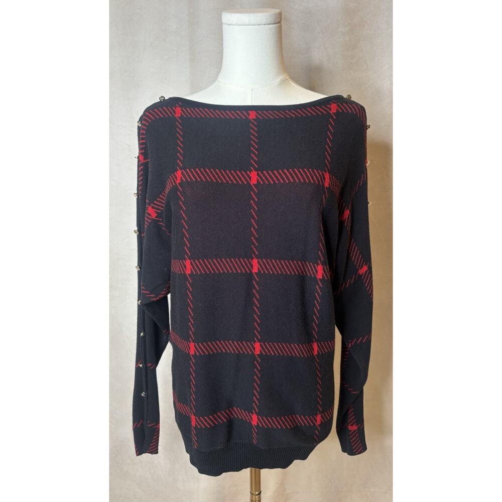 Belle Plaid Knit Sweater Black Red Button Sleeve Detail Size M Soft Stretch